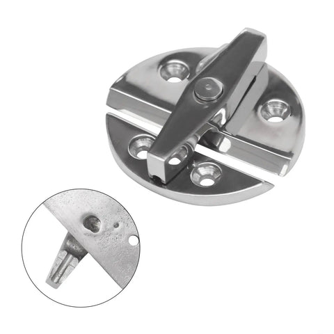Rock Solid 316 Marine Stainless Steel Boat Hatch Lock Round Twist Console Door Latch detail view showing locking mechanism and mount.