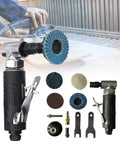 Straight Shot 1/4 Inch Air Angle Die Grinder With 90 Degree Powerhead And Four Collets Compact Pneumatic Grinding Machine For Heavy Shop Tasks with accessories.