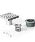 Square Shower Drain 4 Inch Brushed 304 Stainless Steel Dual Filter Fast Water Flow Rust Proof components including grate and basket