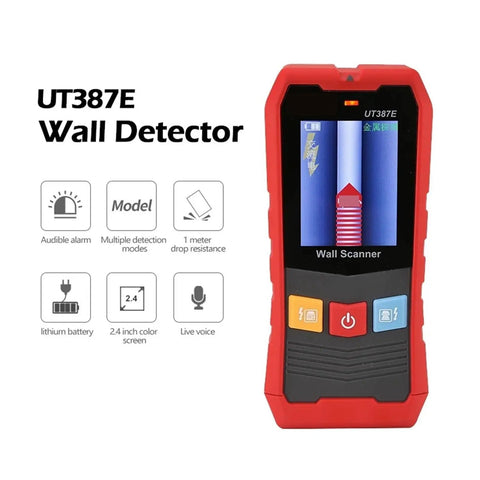 Straight Up Finds Wood Studs And Live Wires Without Any Guesswork Top Grade Wall Scanner and Voltage Detector showing a UT387E model with LED display.