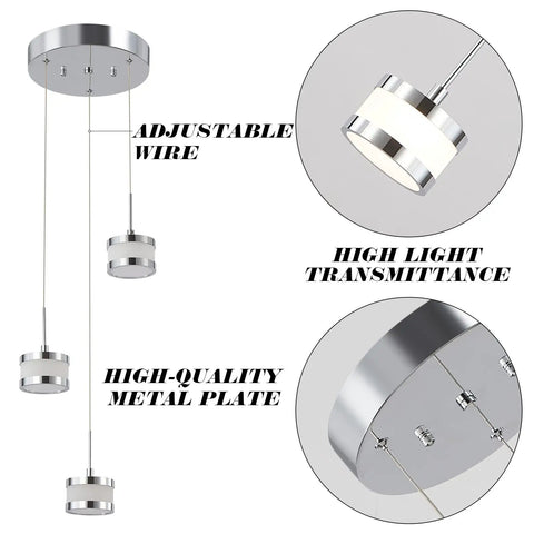 Led Dimmable Three Light Pendant Fixture With Dope Chrome Finish, highlighting adjustable wire and high-quality metal plate