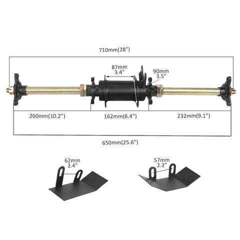 Rear Axle Kit For Go Karts And ATVs, 710mm 28 Inch Length, Heavy Duty 3 Stud Wheel Hubs, 23T Brake Spline, 28T Wheel Hub Spline, dimensions shown