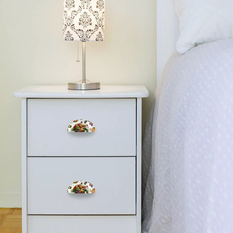 Kick Your Cabinetry Up A Notch With These Slick Autumn Cup Cabinet Handles, Thanksgiving Print, Durable PBT Body, Stainless Steel Screw Set For Quick Drawer Makeovers on white nightstand.