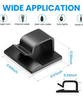 30 Pack Small Black Adhesive Cable Clips for Quick Cord Management, dimensions and applications for organization.