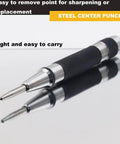 Two Pack Steel Automatic Center Punch With Adjustable Stroke, 5 Inch Length, Spring Loaded, Knurled Steel Handle