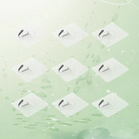 Heavy Duty Plastic Utility Hooks With Rock Solid Self Adhesive Backing For Damage Free Wall Mounting Reusable Bathroom Hangers Waterproof And Oil Proof 50 Pack displayed in a set of nine on a green background.
