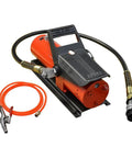 Industrial Foot Operate Hydraulic Pump Generating A Rock Solid 10000 PSI Force Plus An Extra Long 48 Inch Hose Alongside A Quick Release Coupler For Tough Shop Jobs, showing pump and hoses.