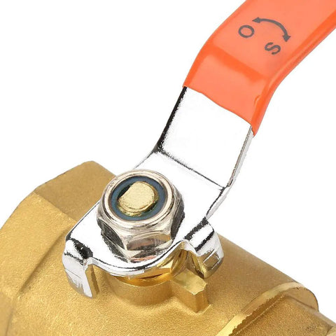 Close-up of Heavy Duty Brass Ball Valve DN40 with orange handle, designed for controlling water, oil, and gas flow.
