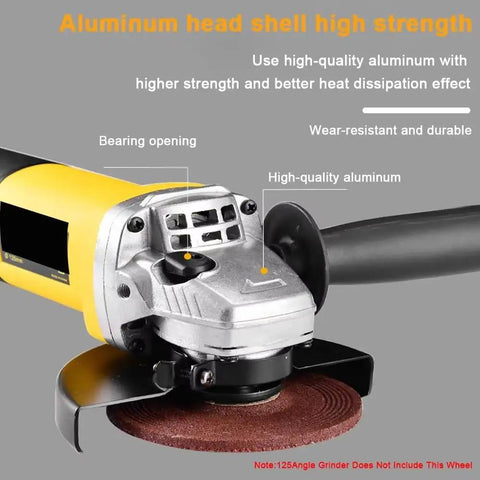 Tough As Nails 125Mm Electric Angle Grinder With 1050W Motor And 11000Rpm Speed detailed aluminum head for metal cutting and sanding tasks.