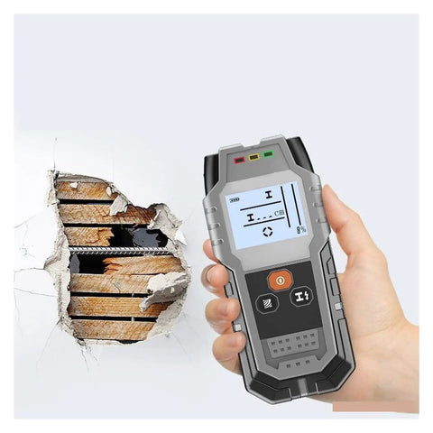 Handheld wall detector showing real time readout, used to find wood nails wires steel bars behind concrete fast.