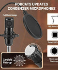 Level Up Podcast Gear Bundle With Pro Audio Interface And Dynamic Microphone For Live Streaming Gaming And Vocal Sessions Featuring Foam Windscreen Top Shelf Sound Capture, showing a condenser microphone with boom arm and pop filter.