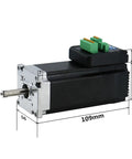 Side view of NEMA 23 integrated stepper motor with driver module; black body, silver flange, protruding shaft.