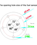 Beefy Fuel Sender Unit Featuring 52Mm Build And 316 Stainless Steel Construction showing opening hole sizes and dimensions.