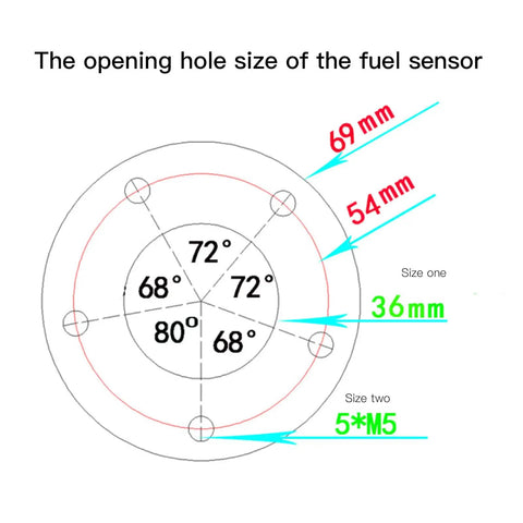 Beefy Fuel Sender Unit Featuring 52Mm Build And 316 Stainless Steel Construction showing opening hole sizes and dimensions.