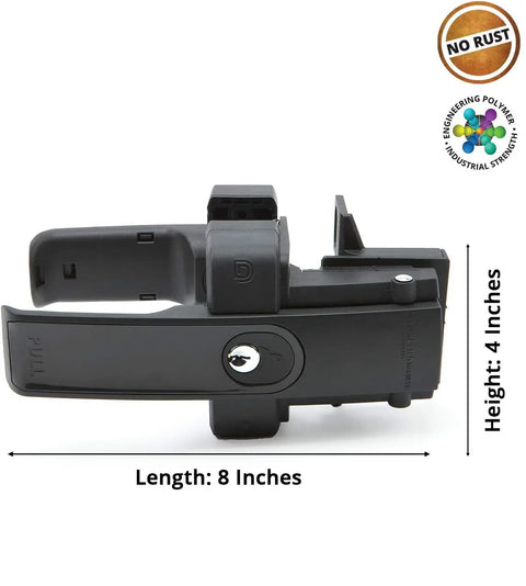 Dual Sided Lockable Magnetic Gate Latch Matte Black, 8 inches long, 4 inches high, rust-resistant, designed for secure mounting.