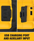 USB charging port and auxiliary input on 20V Max Bluetooth Jobsite Speaker With 100 Ft Range Durable Build Dual Speakers For Rich Stereo Sound