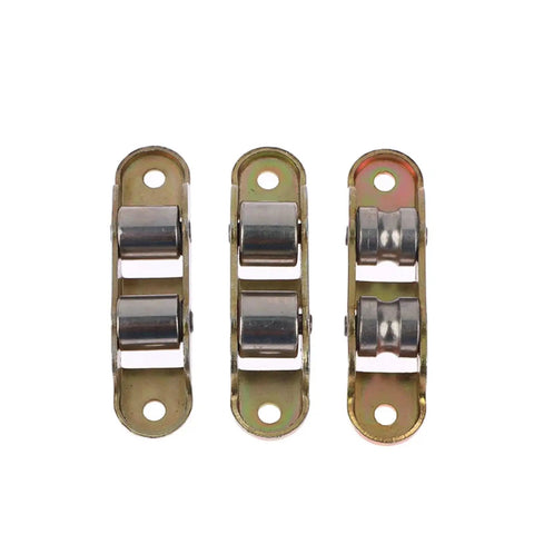 Rock Solid Stainless Steel Double Wheel Sliding Door Pulley Smooth Glide Track Roller set of three with metal housing for heavy-duty use.