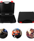 Rock Solid Portable Plastic Toolbox With Reinforced Lid And Grippy Carry Handle For Built Like A Tank Workshop Storage and Knockout Gear Organization On The Go, open and closed views.