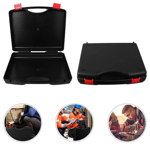 Rock Solid Portable Plastic Toolbox With Reinforced Lid And Grippy Carry Handle For Built Like A Tank Workshop Storage and Knockout Gear Organization On The Go, open and closed views.