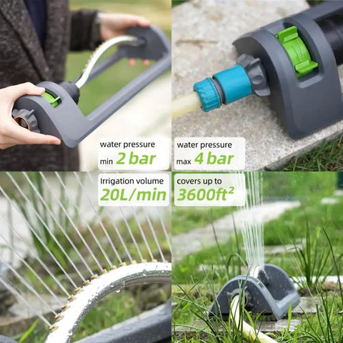 Oscillating Yard Sprinkler Workhorse With 18 Brass Nozzles Clog Resistant Delivers Up To 3600 Sq Ft Coverage Adjustable Spray Range Easy Flow Control Built In Cleaning Needle Durable Gray Sprinkler For Lawn And Garden; close-up view showing water flow and connection details