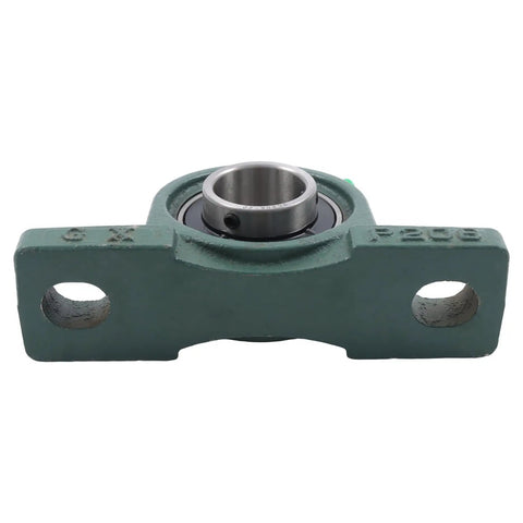 Built Tough Pro Grade Self Aligning Pillow Block Bearing Heavy Duty Chrome Steel 1 1/4 Inch Bore front view with cast iron housing.