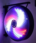 Durable Rotating Red White Blue Led Barber Pole Light Slick Wall Mounted Solar Powered Outdoor Indoor Salon Sign Badass Illuminating Revolving Lamp. Colorful spinning LED sign mounted on wall.