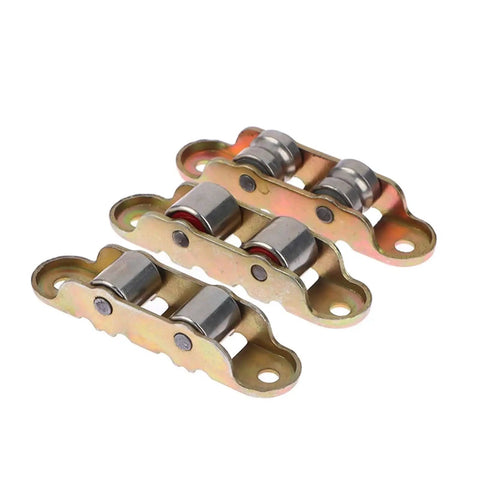 30 Pack Heavy Duty Double Wheel Sliding Door Rollers And Window Track Pulleys Built Tough To Block Humidity Runs Like A Dream With Chrome Alloy Finish. Close-up of three double wheel sliders for doors.