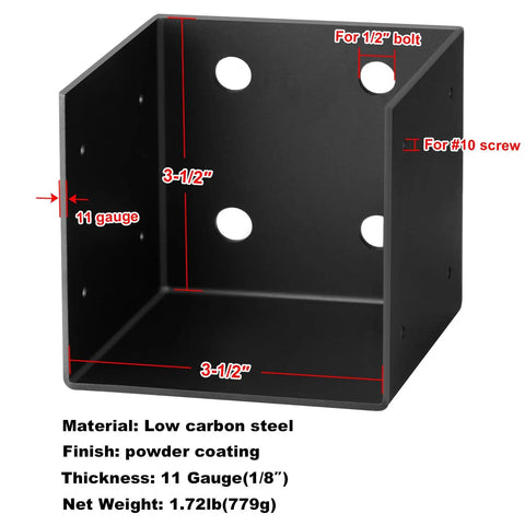 Close-up of Four Pack 4x4 Pergola Wall Mount Brackets, Beefy 11 Gauge Steel 3 mm Thick, Black Powder Coated, Prepunched.