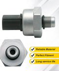Brake fluid pressure sensor with metal housing, black electrical connector, and threaded mount; side and front views.