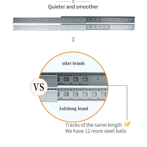 Comparison of Heavy Duty Black Three Stage Under Stair Shoe Cabinet Drawer Slides Thickened Side Mount Slide Rail Hardware with steel balls.