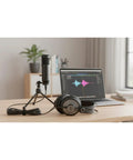 Kickstart Your Streaming Legacy With This Dope 3 Host Podcast Console Bundle Featuring An All In One Audio Mixer Three Professional Broadcast Mics And Comfortable Closed Back Headphones For Studio Quality Content On A Budget - microphone on tripod with headphones and laptop.