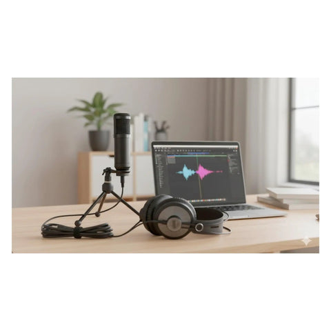 Kickstart Your Streaming Legacy With This Dope 3 Host Podcast Console Bundle Featuring An All In One Audio Mixer Three Professional Broadcast Mics And Comfortable Closed Back Headphones For Studio Quality Content On A Budget - microphone on tripod with headphones and laptop.