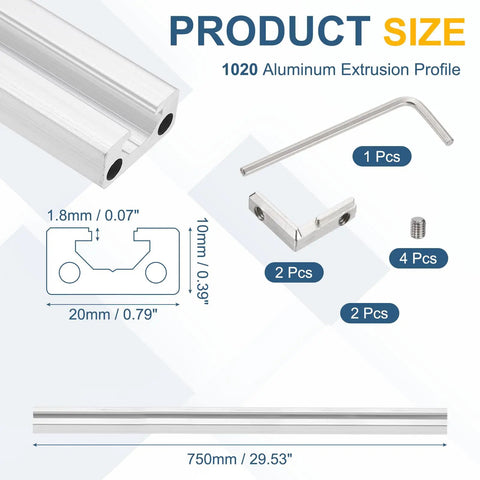Top Shelf 2 Pack 1020 Aluminum Extrusion Profile 29.53 Inch 10X20MM Silver Anodized 6063 showing various component sizes.