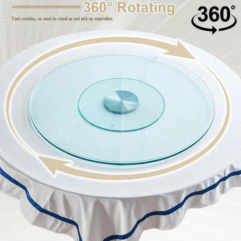 Large 43 Inch Lazy Susan Tempered Glass Turntable For Dining Table Heavy Duty Kitchen Rotating Serving Tray Featuring Slick Spin Anti Tilt Base with 360 rotation.