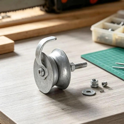 Heavy Duty Galvanized Gate Track Roller Rolls Like A Dream Fits 1 5/8 Inch Pipe with hook on wooden table