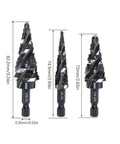 Rock Solid 3-Piece Step Drill Bit Set With 1/4 Inch Hex Shank Speed Drilling Kit For Impact Drivers And High Speed Drills To Carve Precise Holes In Wood, Plastic Boards And More Without Swapping Tools. three step drill bits with 1/4-inch hex shank, sized 72mm, 74.5mm, and 82.2mm
