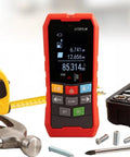 Top Tier Badass Wall Scanner And Metal Detector Stud Finder With Ac Voltage Live Cable Depth Detection Waterproof Probe Rock Solid Multi Functional Tool Built Like A Tank next to a tape measure and tools.
