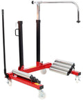 Heavy Duty Wheel Dolly Featuring Two Stage Hydraulic Pump With Four Heavy Duty Swivel Casters For Trucks And Tractors 2640 Lb Load Rating Steel Tire Cart Built Badass For Zero Sweat Rolling And Smooth Operator Precision In Black Red, showing a close-up view of the dolly's hydraulic lifting components.