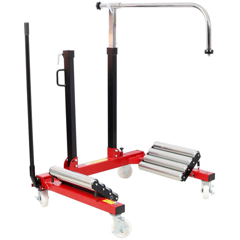 Heavy Duty Wheel Dolly Featuring Two Stage Hydraulic Pump With Four Heavy Duty Swivel Casters For Trucks And Tractors 2640 Lb Load Rating Steel Tire Cart Built Badass For Zero Sweat Rolling And Smooth Operator Precision In Black Red, showing a close-up view of the dolly's hydraulic lifting components.