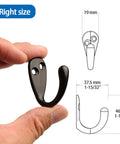 Rock Solid 10 Pack Heavy Duty Wall Hooks, Top Shelf Stainless Steel Robe Coat Hanger Rack, Easy Peasy Mount Screws for showing hook dimensions in hand.