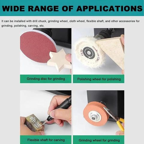 Various applications of Beastly 800W Benchtop Bandsaw including grinding, polishing, and carving with accessories.