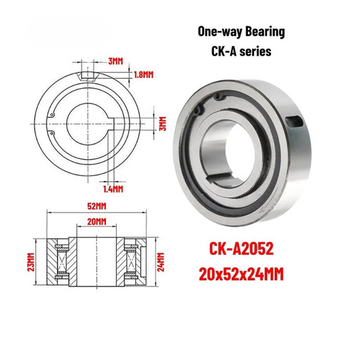 Top-Shift CK-A2052 Sprag One-Way Clutch Bearing 20x52x24mm showing dimensions and design for heavy-duty machinery use.