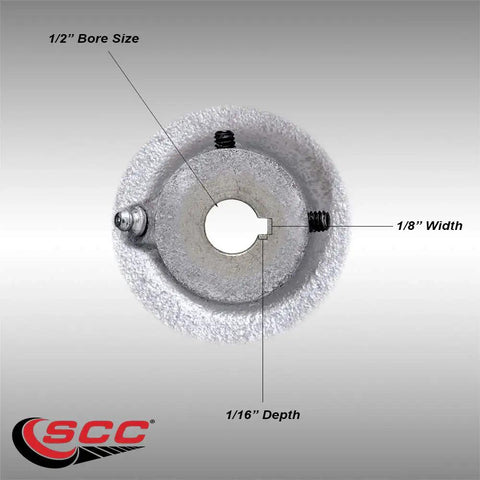 Heavy Duty Six Inch Polyurethane Caster Wheel On Solid Cast Iron Core With Half Inch Keyed Shaft Built Tough For A Six Hundred Twenty Five Pound Load Rating And Slick Shop Floor Moves, 1/2" bore size detail.