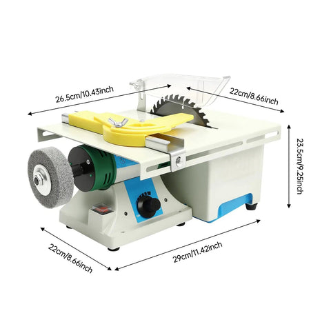 Top Tier 5 In 1 Mini Lapidary Saw And Bench Grinder Delivers Zero Sweat Performance With A Rock Solid 750 Watt Motor And Precise Speed Settings For Quick Jade Chasing Jobs, showcasing dimensions and controls.