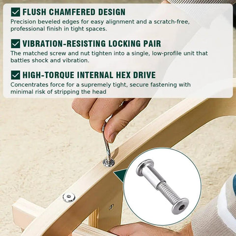 M6 X 50MM Furniture Screws With Barrel Nuts Kit 304 Stainless Steel, demonstrating flush chamfered design and high-torque drive.