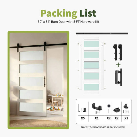 Heavy Duty Sliding Frosted Glass Barn Door With Five Panel Design And Full Roller Track Hardware Ready To Roll Smooth Glide System For Closet Bedroom Or Bathroom Modern Privacy Partition No Sweat Setup packing list with door dimensions and hardware kit.