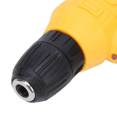 Close-up view of lightweight cordless drill driver with badass torque, black chuck, and yellow casing for easy home repair.