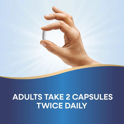 Hand holding a capsule with text 'Adults take 2 capsules twice daily'. Calcium Citrate Complex Supplement With Citrate Malate And Carbonate For Bone And Muscle Support 500 Mg Per Serving 250 Capsules Gluten Free And Dairy Free And Soy Free.
