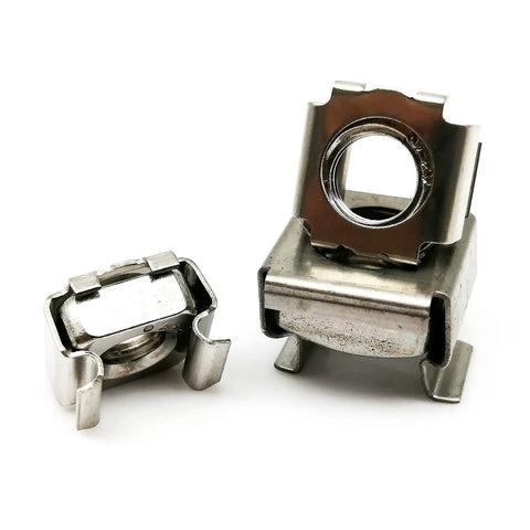 Rugged 304 Stainless Steel Square Clip Floating Cage Nuts for Server Rack and Cabinet Mount, M10, 2-Piece Pack showing two durable fasteners.