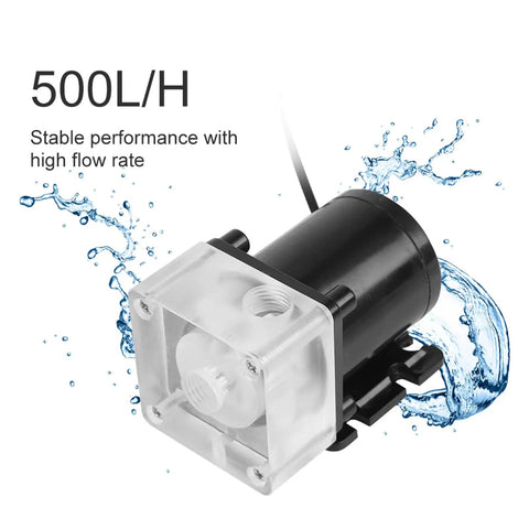 12V DC PC Water Cooling Pump G1/4 Thread Ultra-Silent Design for CPU Loops Smooth 500 L/H Flow Rate with clear housing and stabilizing water flow.